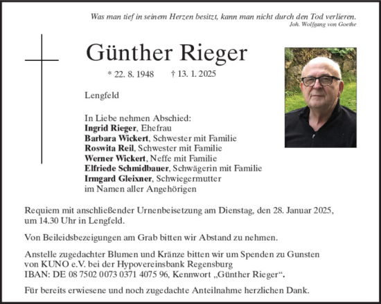 Traueranzeige von Rieger Günther von Mittelbayerische Zeitung